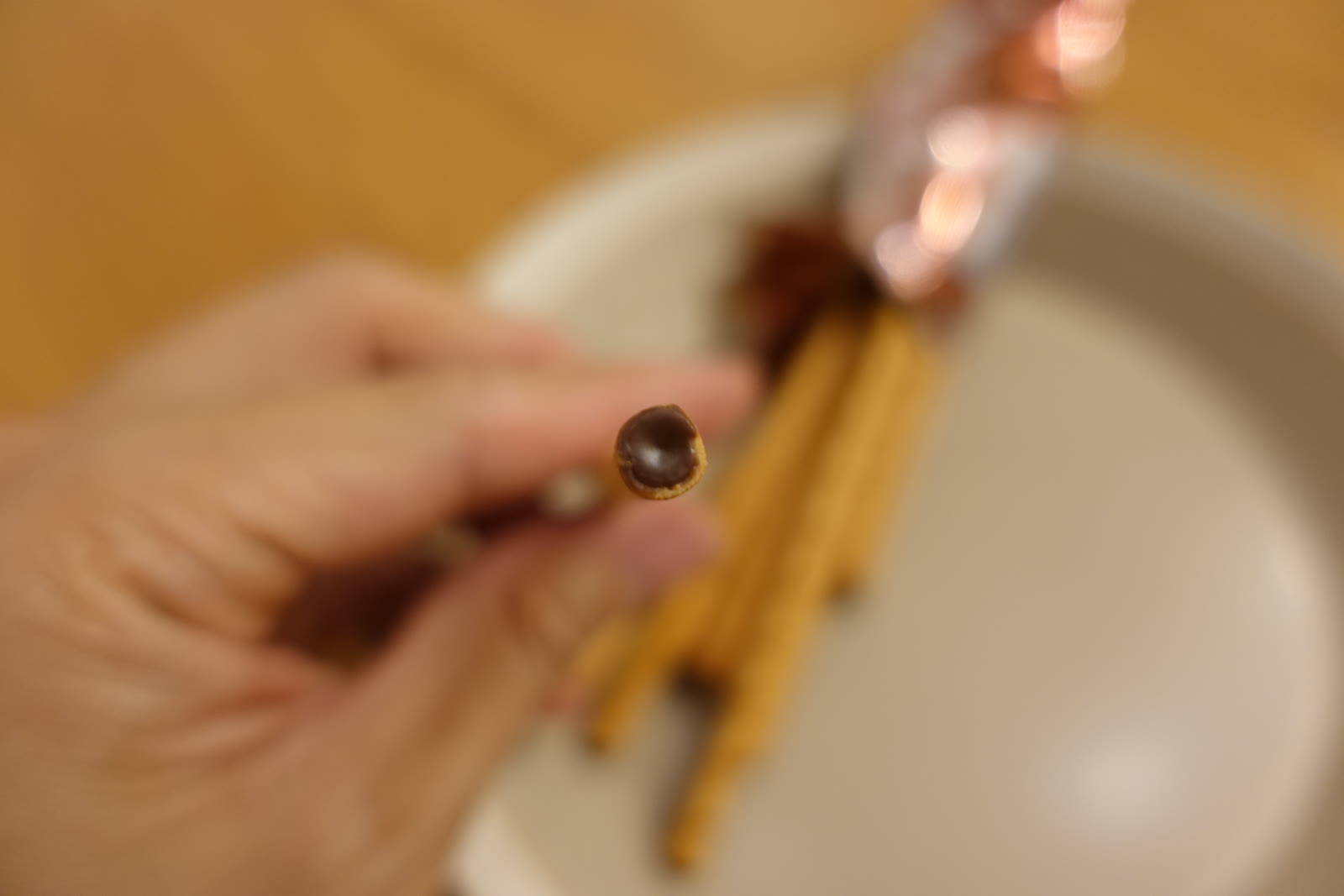 Cross-section of a Toppo stick showing the chocolate filling